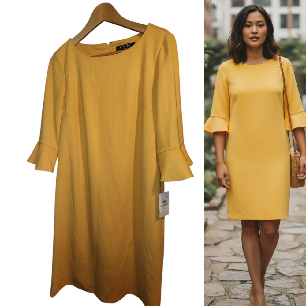 NWT Kasper Gold Ruffle Sleeve Sheath Dress Size 8 Stretch Work Wedding Guest